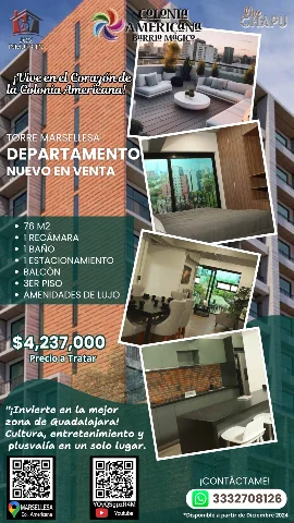 Depa en Col. Americana Torre Marsellesa. 76 Mts.