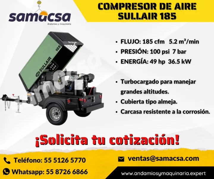 Compresor Sullair 185 para obra e industria